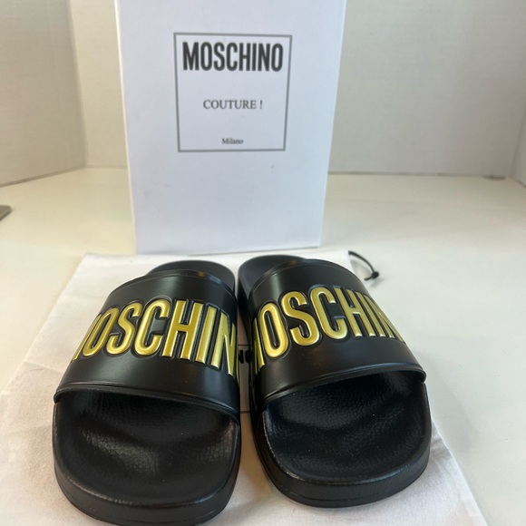 Moschino Logo Embossed Pool Sandals in Black & Gold Size 37 - Picture 1 of 9